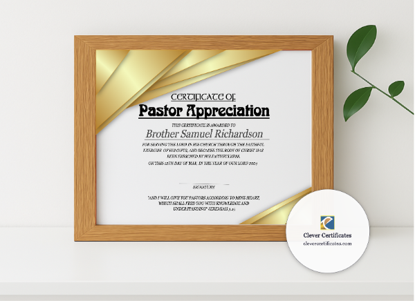 Realistic mockup featuring Certificate Of Pastor Appreciation displayed within a modern frame, set against a minimalistic background.