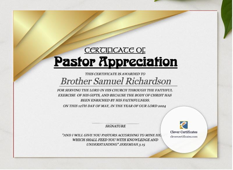 Certificate Of Pastor Appreciation presented in a sleek wooden frame, elegantly arranged on a stylish table.