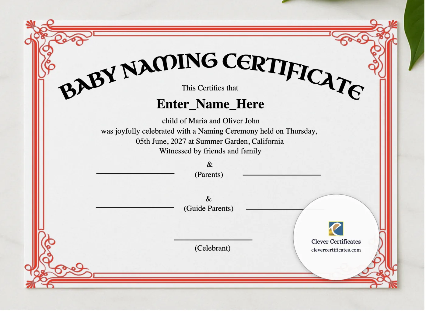California Baby Naming Certificate presented in a sleek wooden frame, elegantly arranged on a stylish table.