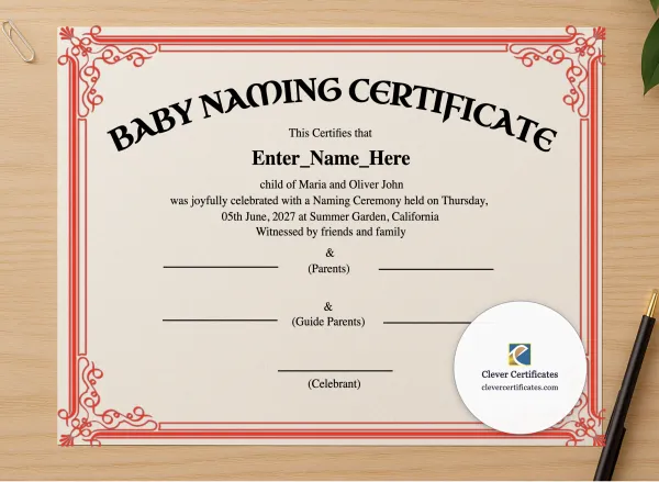 Professional preview of California Baby Naming Certificate certificate on high-quality stationery paper, ideal for showcasing the final look.