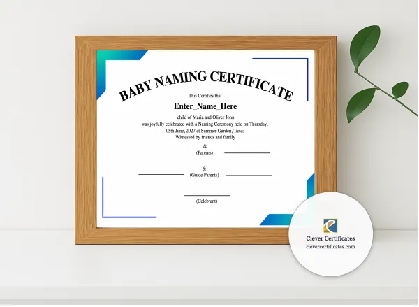 Realistic mockup featuring Texas Baby Naming Certificate displayed within a modern frame, set against a minimalistic background.