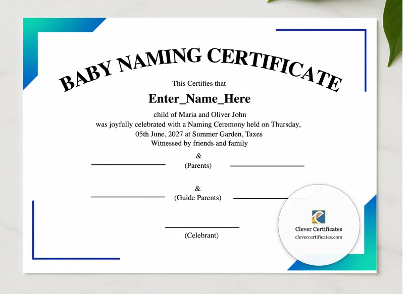 Texas Baby Naming Certificate presented in a sleek wooden frame, elegantly arranged on a stylish table.
