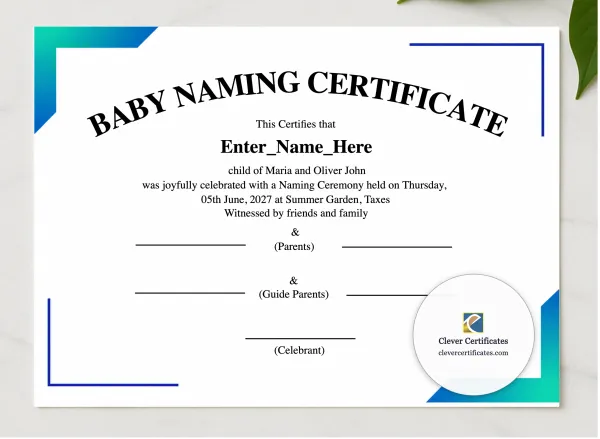 Texas Baby Naming Certificate presented in a sleek wooden frame, elegantly arranged on a stylish table.