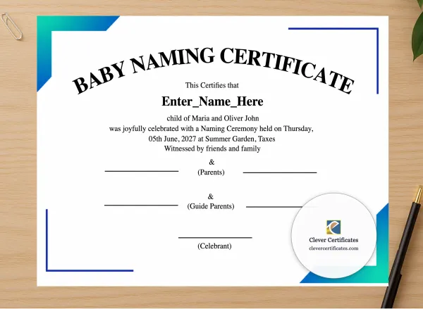 Professional preview of Texas Baby Naming Certificate certificate on high-quality stationery paper, ideal for showcasing the final look.