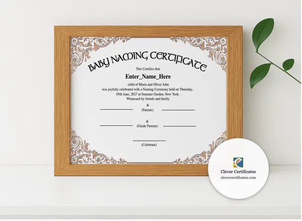 Realistic mockup featuring New York Baby Naming Certificate displayed within a modern frame, set against a minimalistic background.