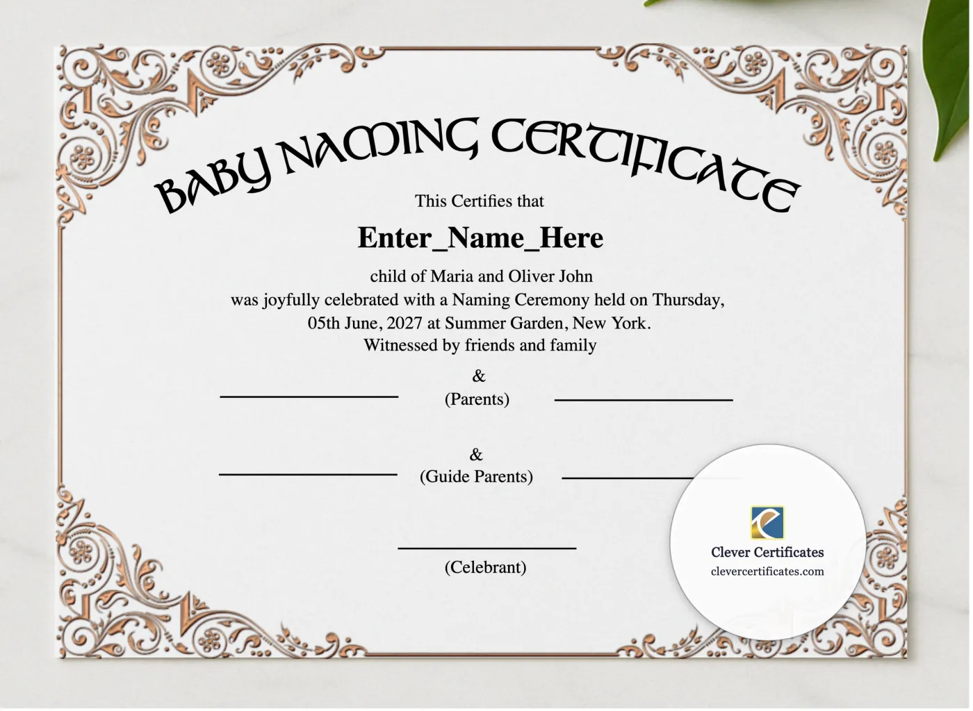 New York Baby Naming Certificate presented in a sleek wooden frame, elegantly arranged on a stylish table.