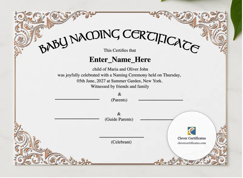 New York Baby Naming Certificate presented in a sleek wooden frame, elegantly arranged on a stylish table.