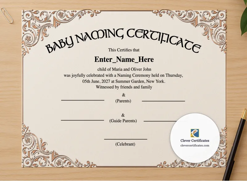 Professional preview of New York Baby Naming Certificate certificate on high-quality stationery paper, ideal for showcasing the final look.
