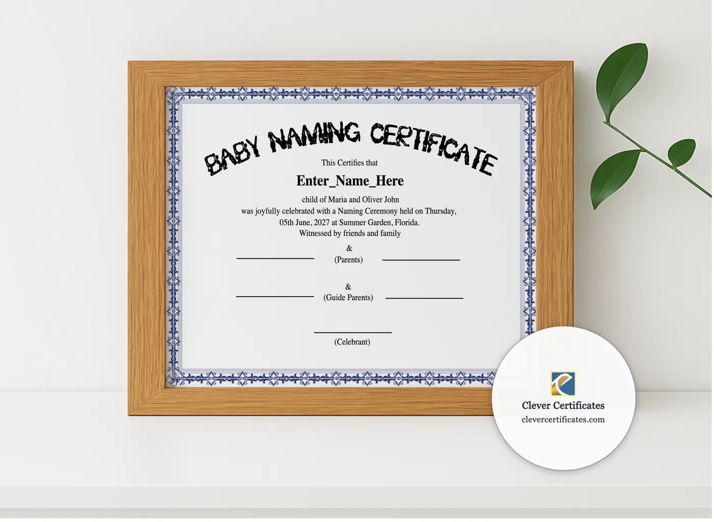 Realistic mockup featuring Florida Baby Naming Certificate displayed within a modern frame, set against a minimalistic background.