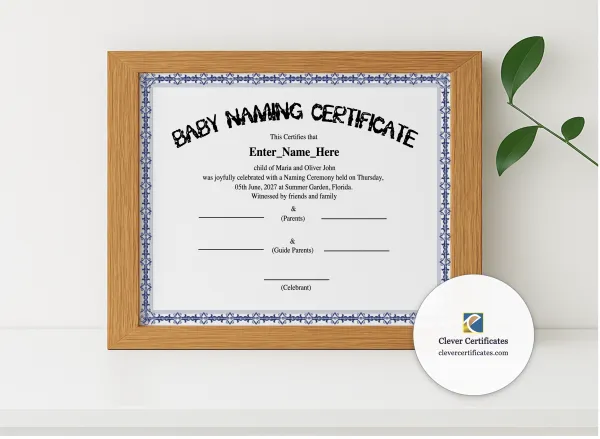 Realistic mockup featuring Florida Baby Naming Certificate displayed within a modern frame, set against a minimalistic background.