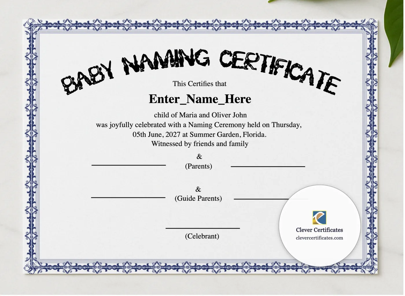 Florida Baby Naming Certificate presented in a sleek wooden frame, elegantly arranged on a stylish table.