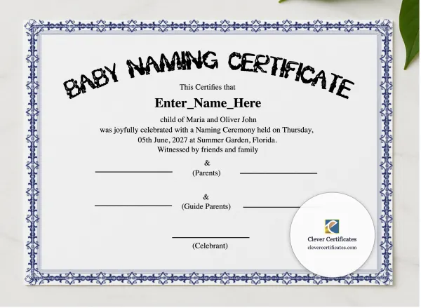 Florida Baby Naming Certificate presented in a sleek wooden frame, elegantly arranged on a stylish table.