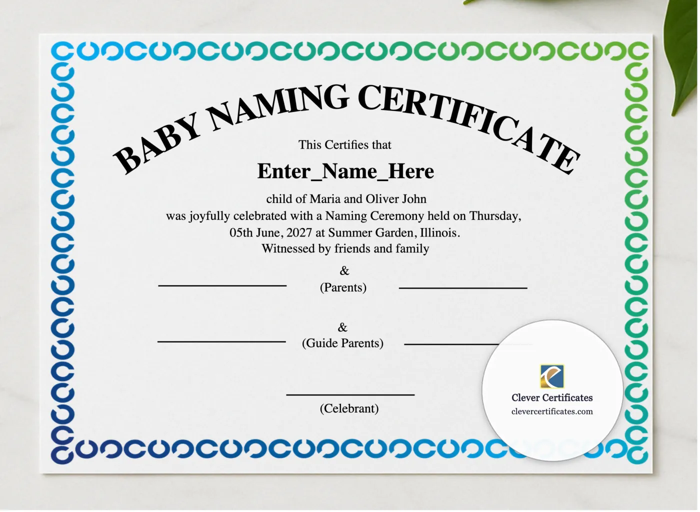 Illinois Baby Naming Certificate presented in a sleek wooden frame, elegantly arranged on a stylish table.