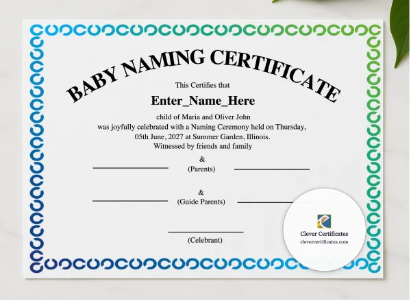 Illinois Baby Naming Certificate presented in a sleek wooden frame, elegantly arranged on a stylish table.