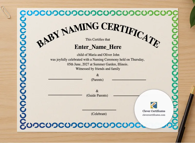 Professional preview of Illinois Baby Naming Certificate certificate on high-quality stationery paper, ideal for showcasing the final look.