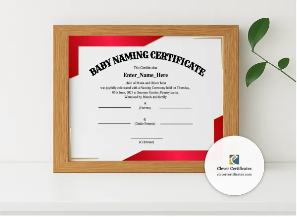 Realistic mockup featuring Pennsylvania Baby Naming Certificate displayed within a modern frame, set against a minimalistic background.