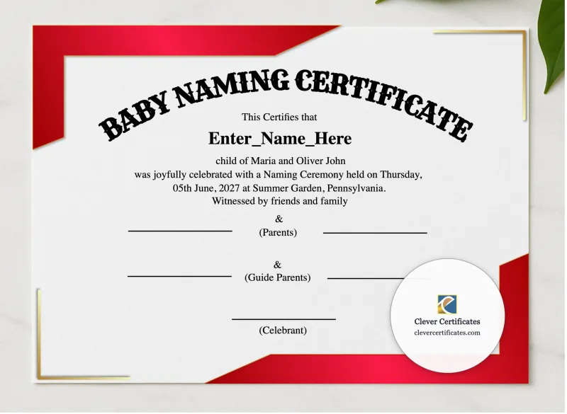 Pennsylvania Baby Naming Certificate presented in a sleek wooden frame, elegantly arranged on a stylish table.