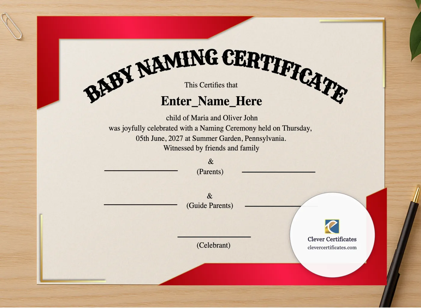 Professional preview of Pennsylvania Baby Naming Certificate certificate on high-quality stationery paper, ideal for showcasing the final look.