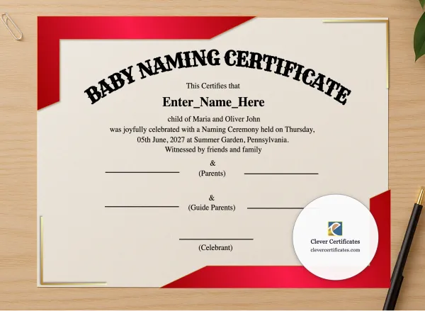 Professional preview of Pennsylvania Baby Naming Certificate certificate on high-quality stationery paper, ideal for showcasing the final look.