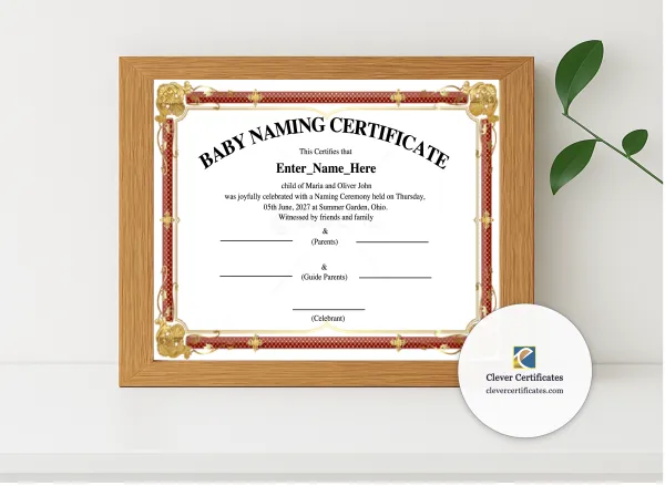 Realistic mockup featuring Ohio Baby Naming Certificate displayed within a modern frame, set against a minimalistic background.