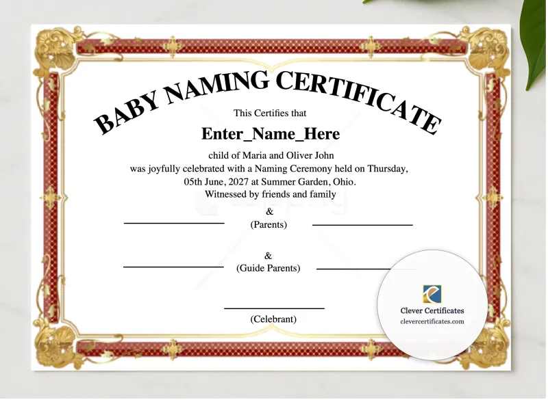 Ohio Baby Naming Certificate presented in a sleek wooden frame, elegantly arranged on a stylish table.