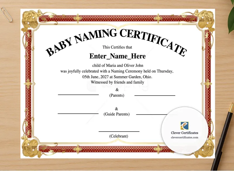 Professional preview of Ohio Baby Naming Certificate certificate on high-quality stationery paper, ideal for showcasing the final look.