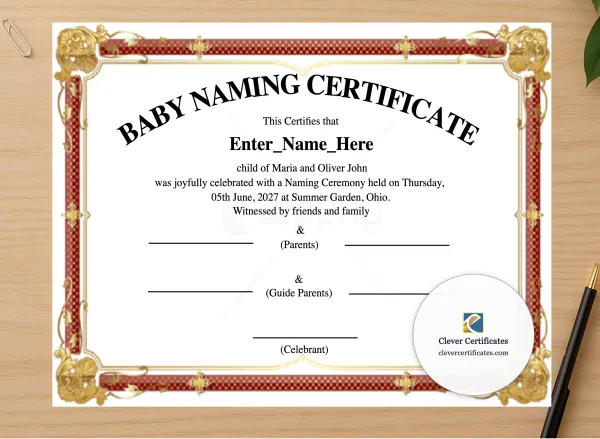Professional preview of Ohio Baby Naming Certificate certificate on high-quality stationery paper, ideal for showcasing the final look.