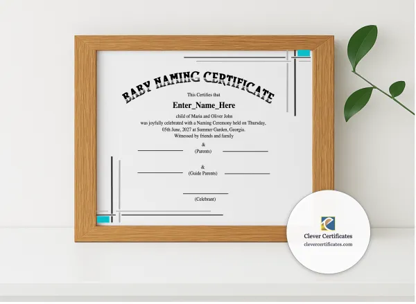 Realistic mockup featuring Georgia Baby Naming Certificate displayed within a modern frame, set against a minimalistic background.