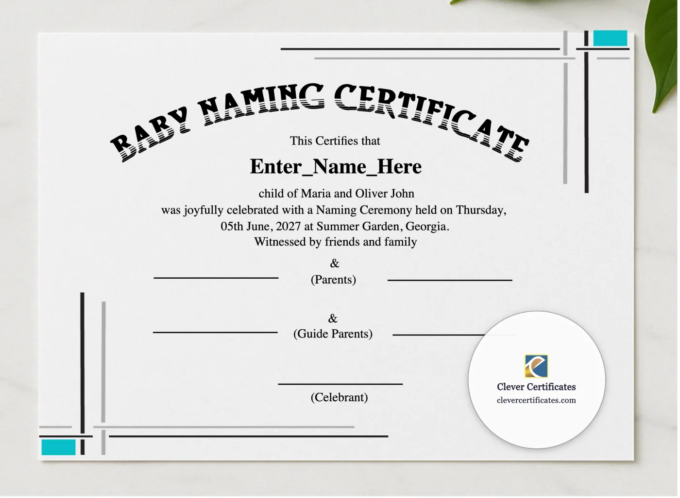 Georgia Baby Naming Certificate presented in a sleek wooden frame, elegantly arranged on a stylish table.
