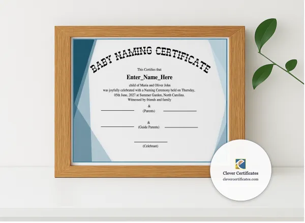 Realistic mockup featuring North Carolina Baby Naming Certificate displayed within a modern frame, set against a minimalistic background.