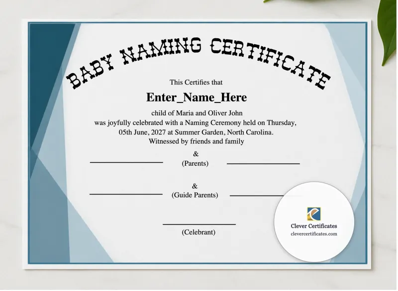 North Carolina Baby Naming Certificate presented in a sleek wooden frame, elegantly arranged on a stylish table.