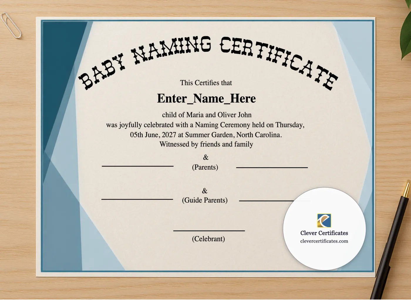 Professional preview of North Carolina Baby Naming Certificate certificate on high-quality stationery paper, ideal for showcasing the final look.
