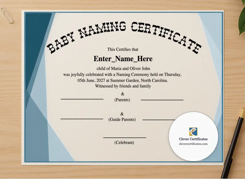 Professional preview of North Carolina Baby Naming Certificate certificate on high-quality stationery paper, ideal for showcasing the final look.