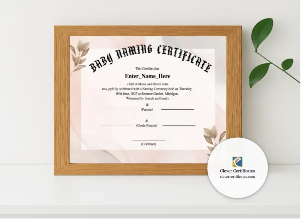 Realistic mockup featuring Michigan Baby Naming Certificate displayed within a modern frame, set against a minimalistic background.