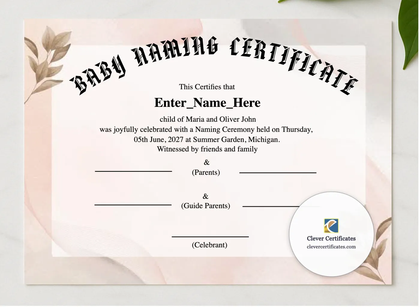 Michigan Baby Naming Certificate presented in a sleek wooden frame, elegantly arranged on a stylish table.