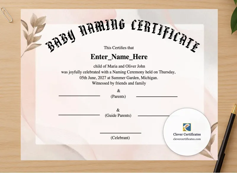 Professional preview of Michigan Baby Naming Certificate certificate on high-quality stationery paper, ideal for showcasing the final look.