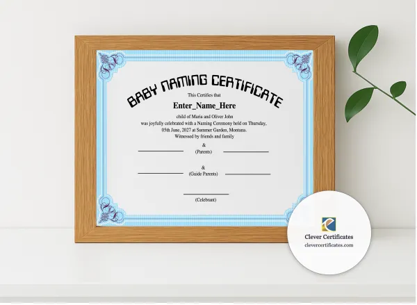 Realistic mockup featuring Montana Baby Naming Certificate displayed within a modern frame, set against a minimalistic background.