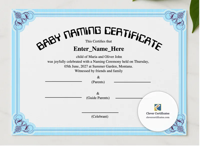 Montana Baby Naming Certificate presented in a sleek wooden frame, elegantly arranged on a stylish table.
