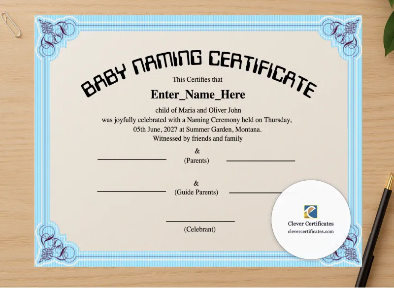 Professional preview of Montana Baby Naming Certificate certificate on high-quality stationery paper, ideal for showcasing the final look.