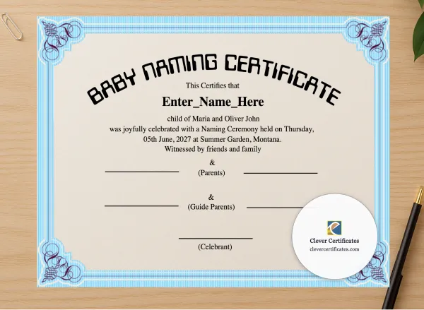 Professional preview of Montana Baby Naming Certificate certificate on high-quality stationery paper, ideal for showcasing the final look.