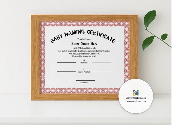 Realistic mockup featuring UK Baby Naming Day Certificate displayed within a modern frame, set against a minimalistic background.