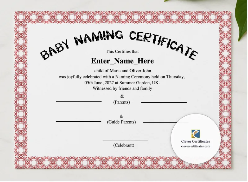 UK Baby Naming Day Certificate presented in a sleek wooden frame, elegantly arranged on a stylish table.
