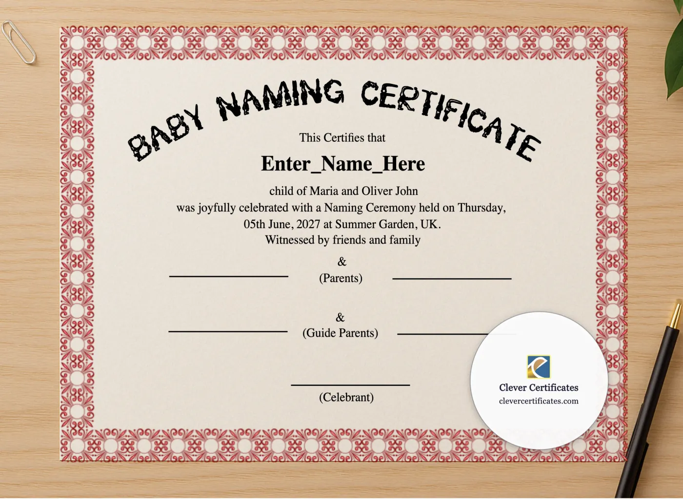Professional preview of UK Baby Naming Day Certificate certificate on high-quality stationery paper, ideal for showcasing the final look.