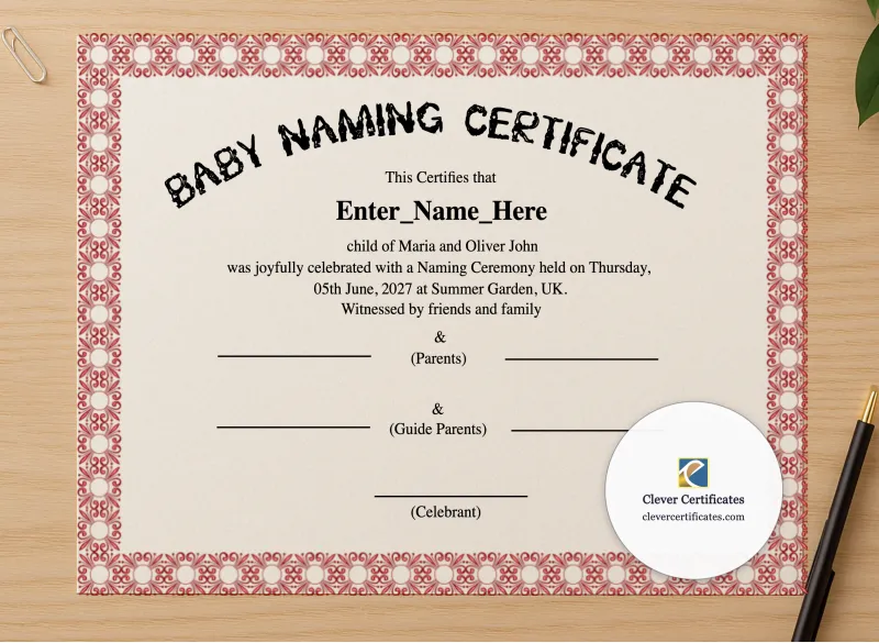 Professional preview of UK Baby Naming Day Certificate certificate on high-quality stationery paper, ideal for showcasing the final look.