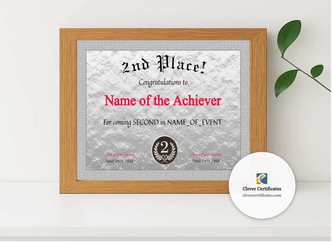 Realistic mockup featuring 2nd Place Award displayed within a modern frame, set against a minimalistic background.