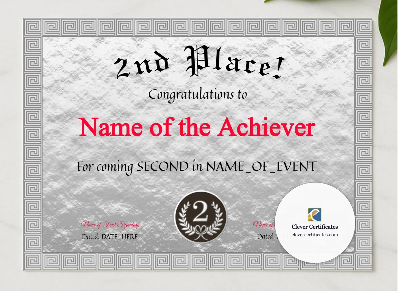 2nd Place Award presented in a sleek wooden frame, elegantly arranged on a stylish table.