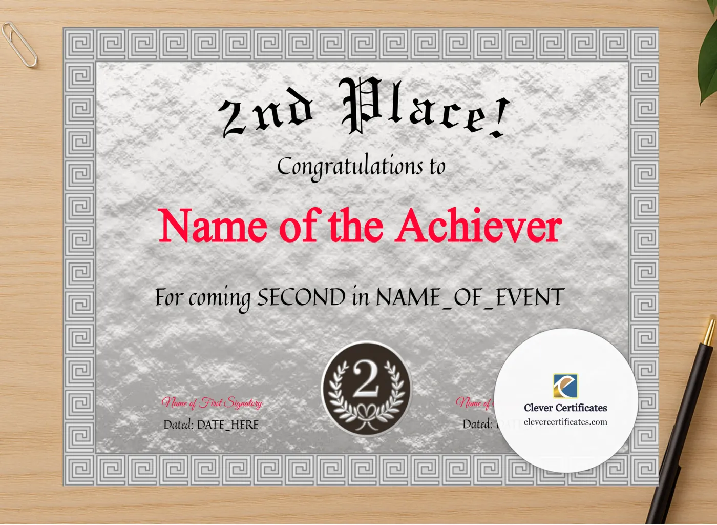 Professional preview of 2nd Place Award certificate on high-quality stationery paper, ideal for showcasing the final look.
