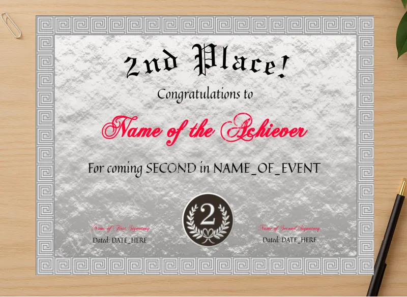 Professional preview of 2nd Place Award certificate on high-quality stationery paper, ideal for showcasing the final look.