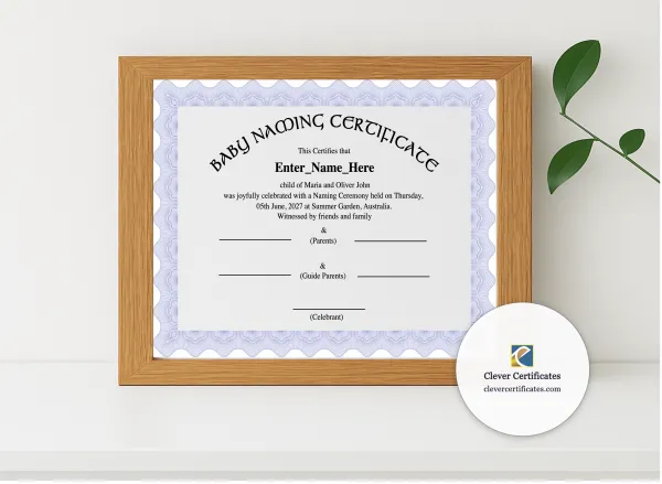 Realistic mockup featuring Australia Baby Naming Certificate displayed within a modern frame, set against a minimalistic background.