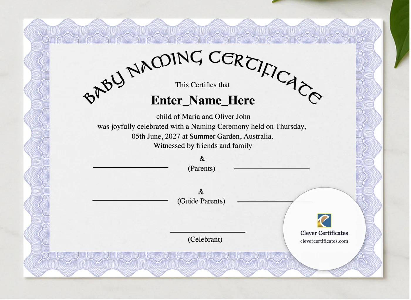 Australia Baby Naming Certificate presented in a sleek wooden frame, elegantly arranged on a stylish table.